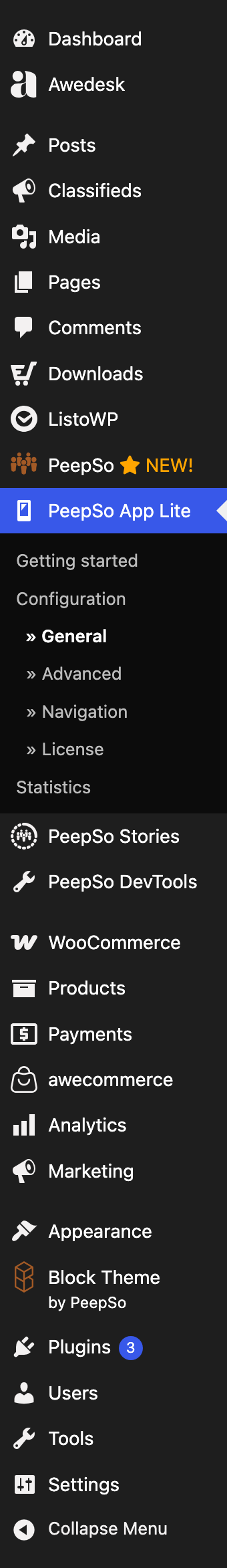 The PeepSo App Lite menu in the WordPress admin sidebar, showing Getting started, Configuration with its four tabs, and Statistics