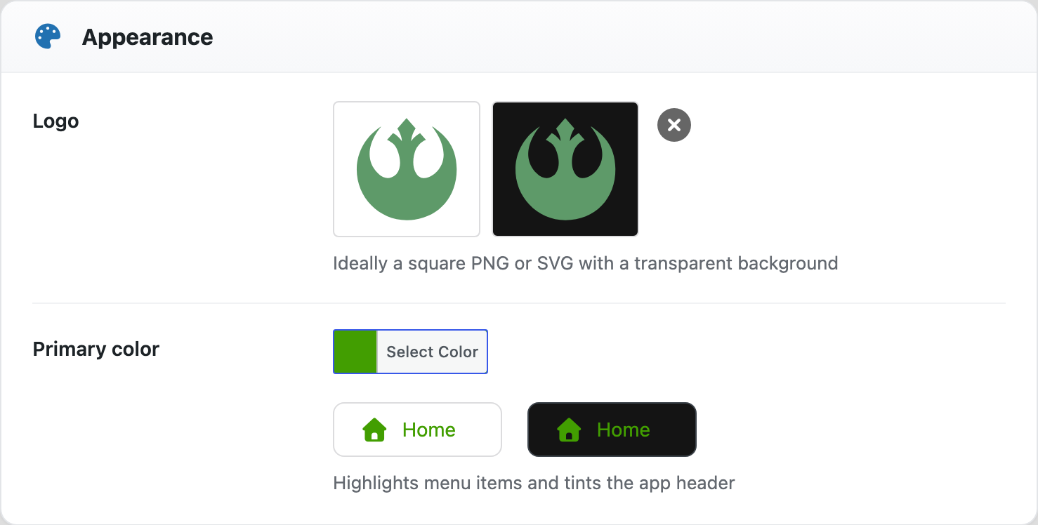 The Appearance card with a logo uploader and a primary colour picker, previewing the result on light and dark
