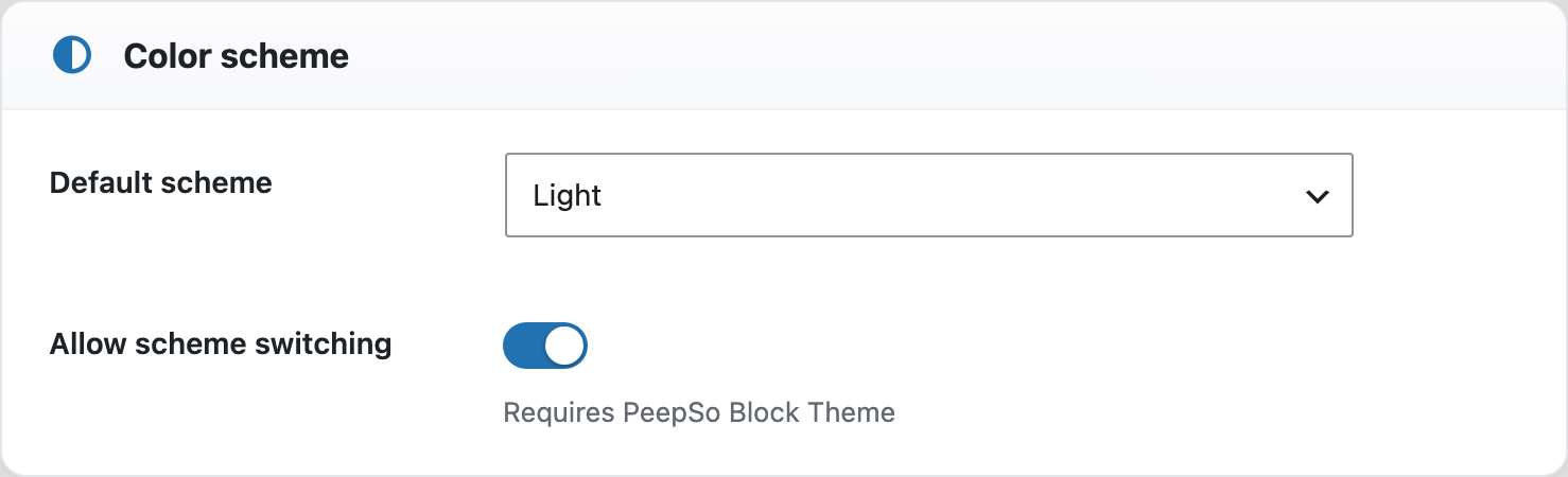 The Colour scheme card with a Default scheme dropdown and an Allow scheme switching toggle