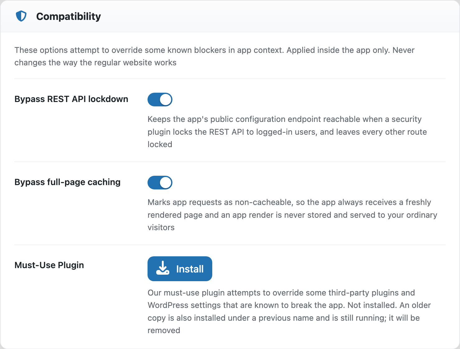 The Compatibility card with Bypass REST API lockdown, Bypass full-page caching and a Must-Use Plugin installer