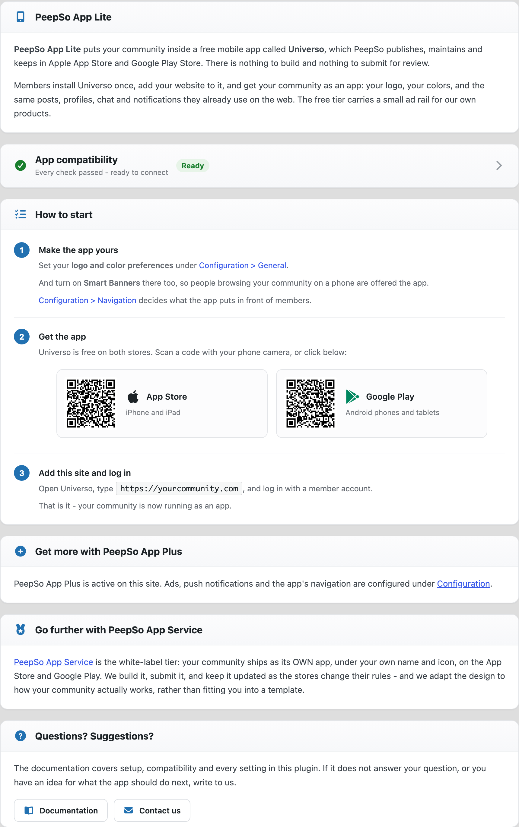 The Getting started screen listing the setup steps with App Store and Google Play QR codes