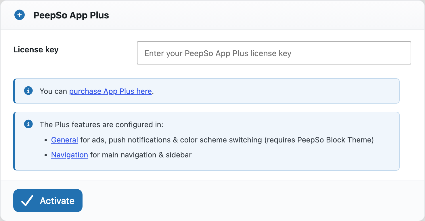 The License tab with an empty licence key field and an Activate button
