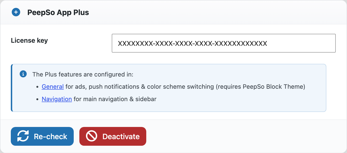 The License tab with an activated key, links to the General and Navigation tabs, and Re-check and Deactivate buttons