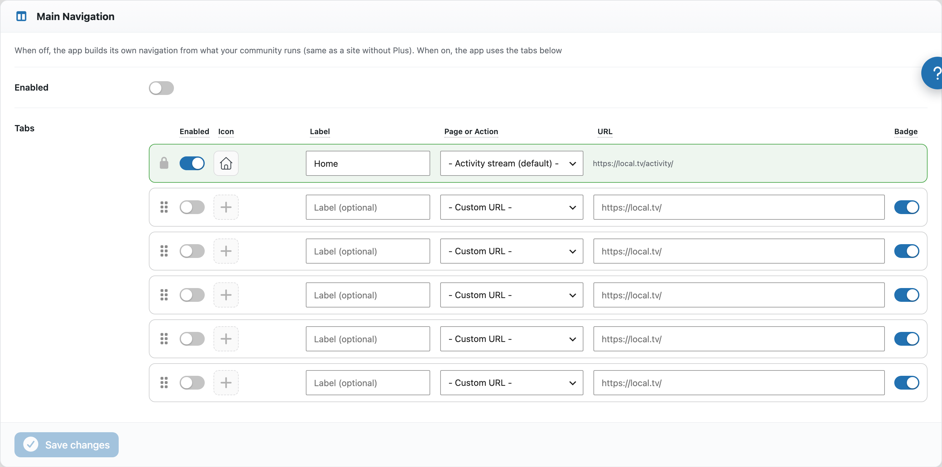 The Main Navigation editor with a fixed Home row and configurable slots, each with Enabled, Icon, Label, Page or Action, URL and Badge columns