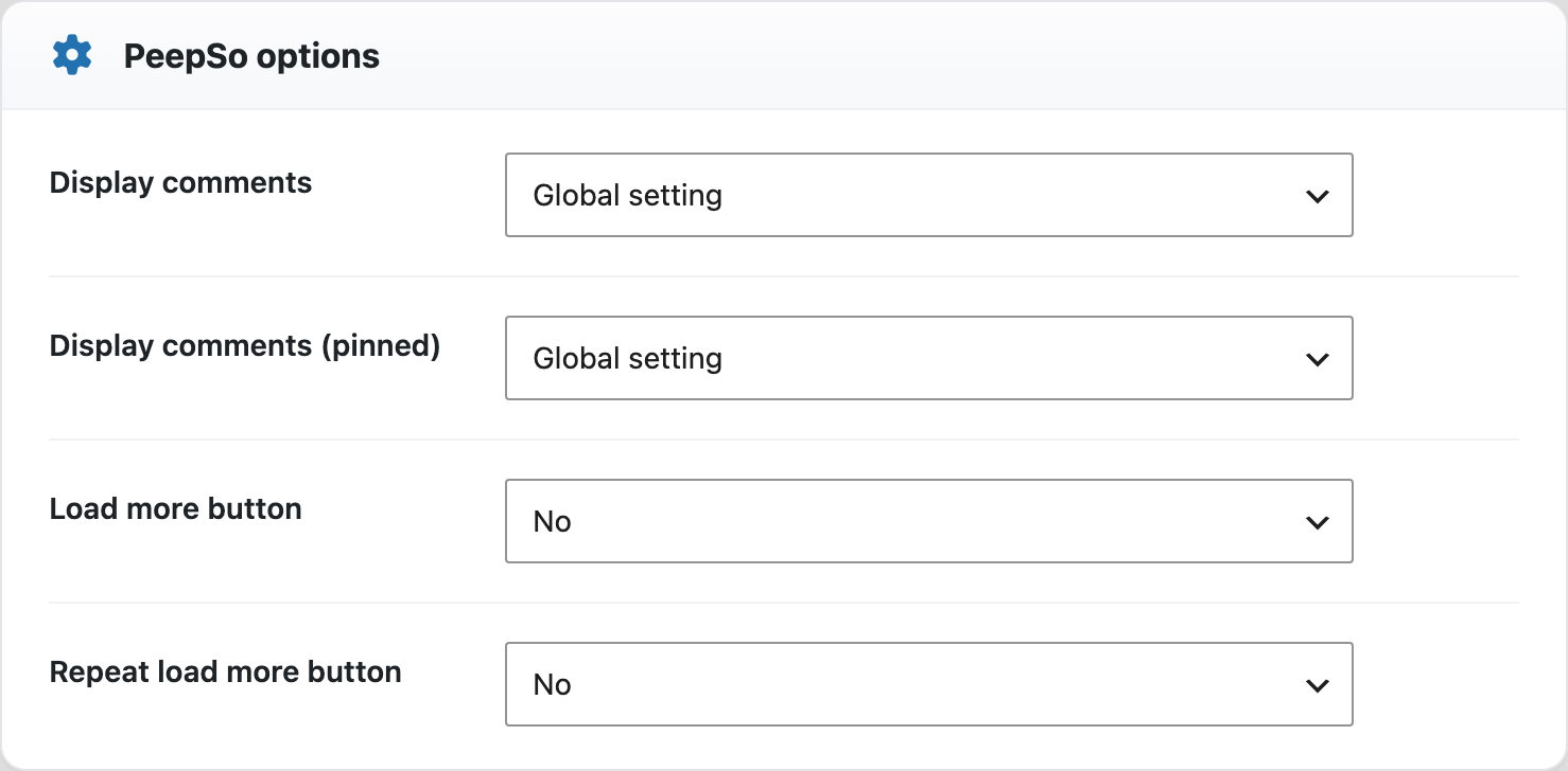The PeepSo options card with four dropdowns, each defaulting to Global setting