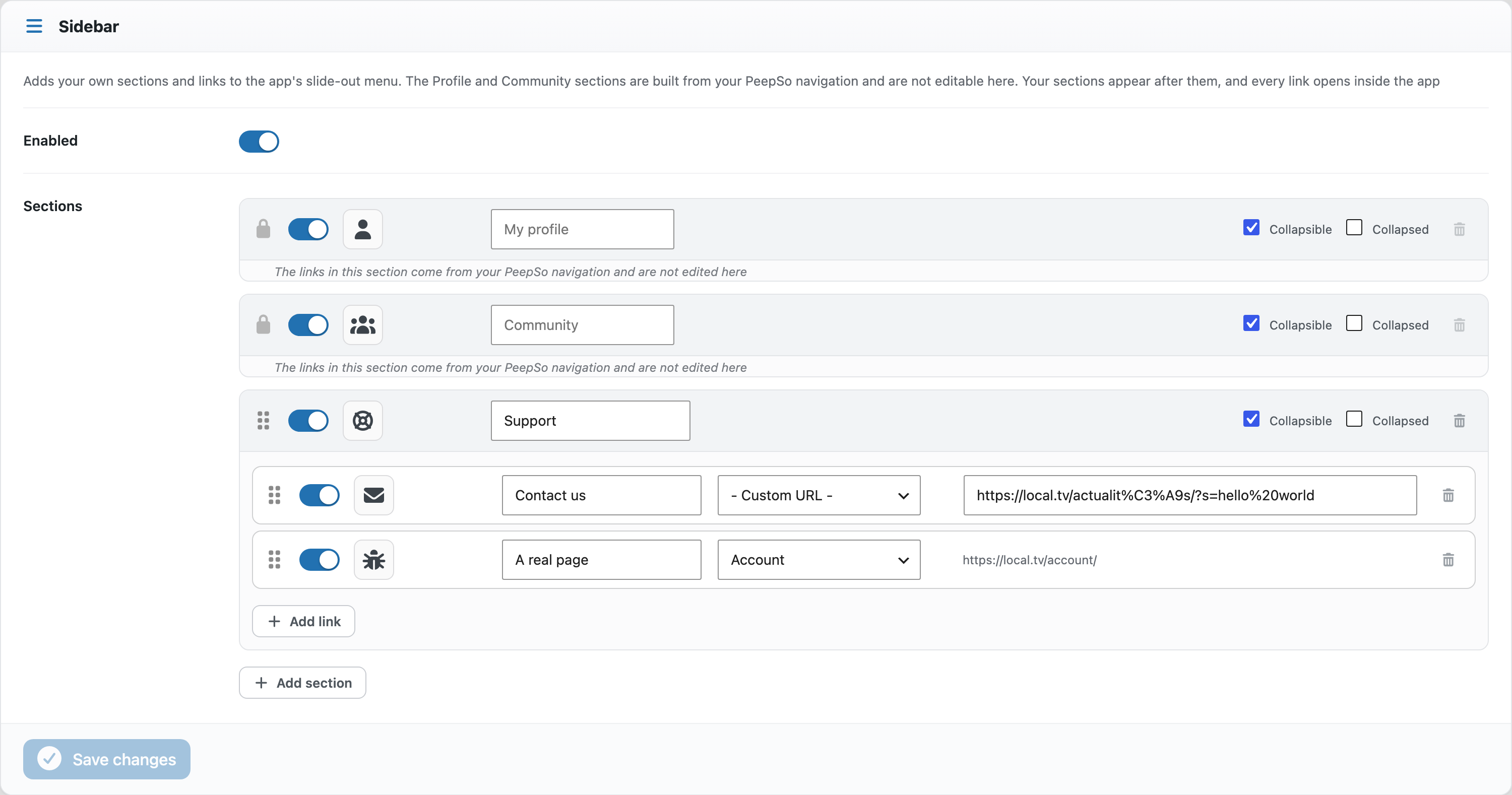 The Sidebar card with an Enabled toggle and an editor for custom sections and links