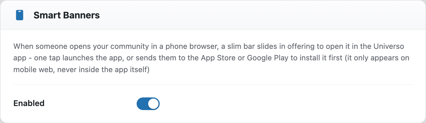 The Smart Banners card, enabled
